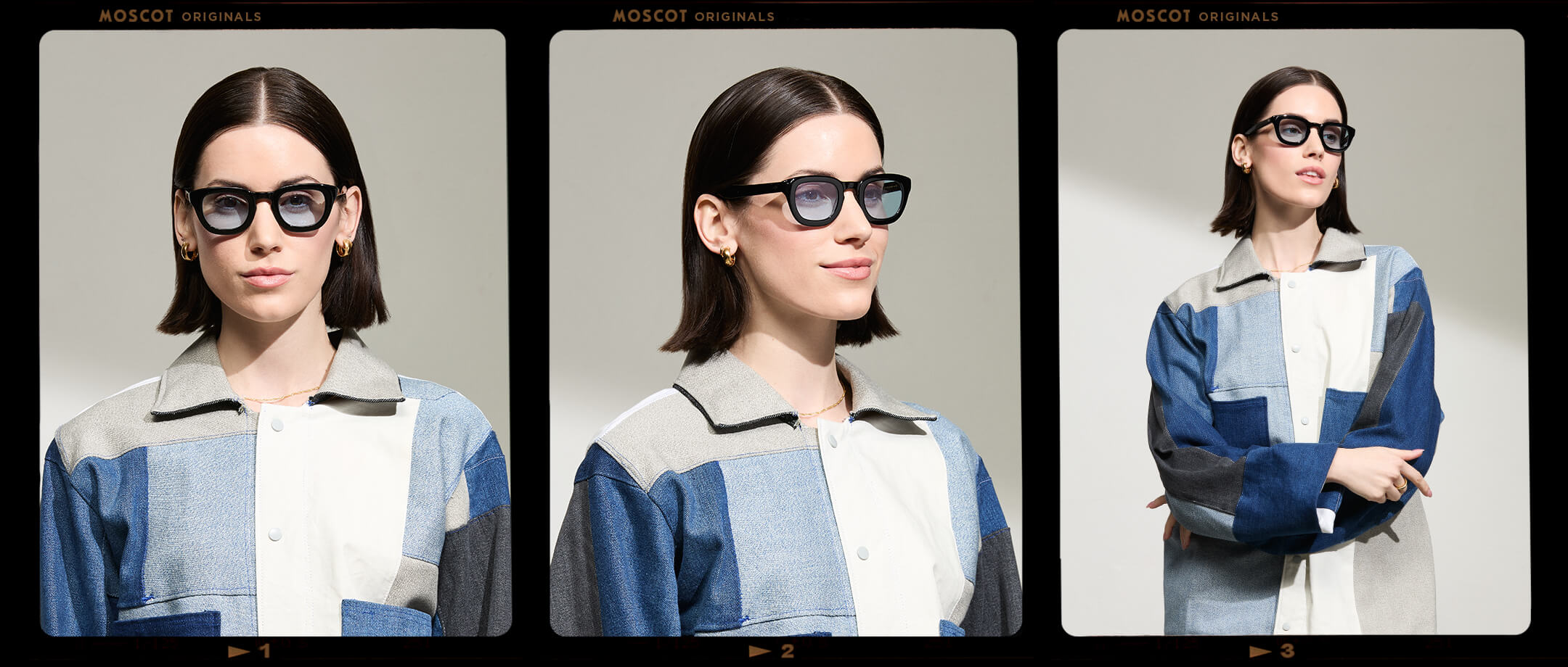 Model is wearing The TELENA in Black in size 44 with Bel Air Blue Tinted Lenses