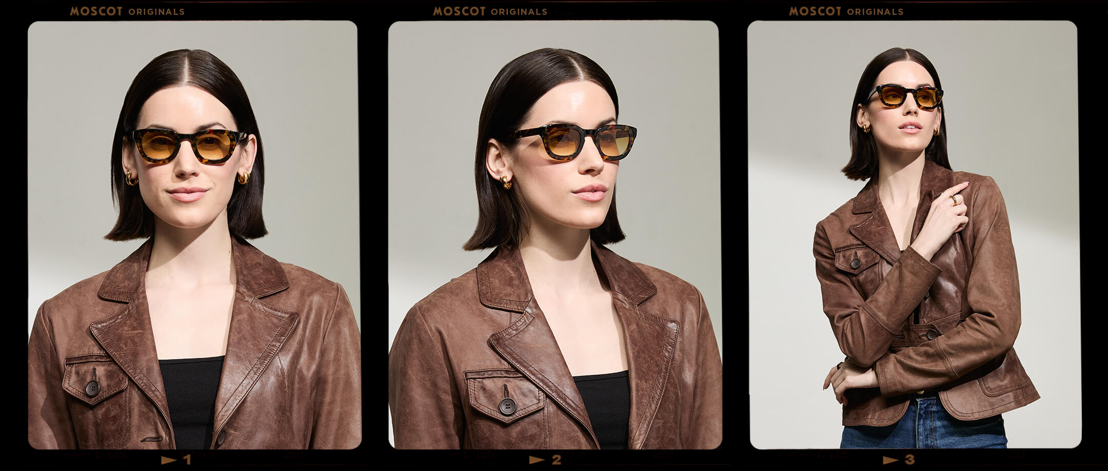 Model is wearing The TELENA in Tortoise/Black in size 44 with Chestnut Fade Tinted Lenses