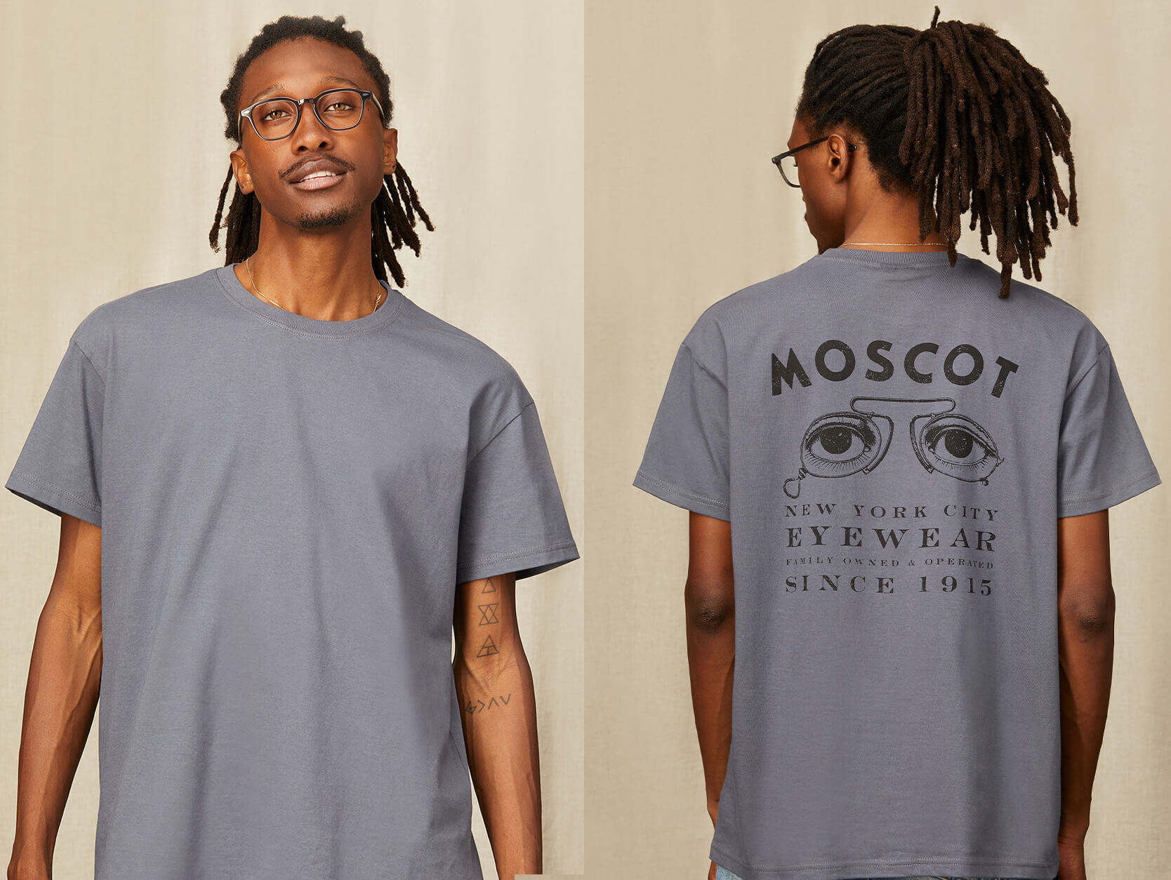 Model is wearing The MOSCOT TEE in size Large