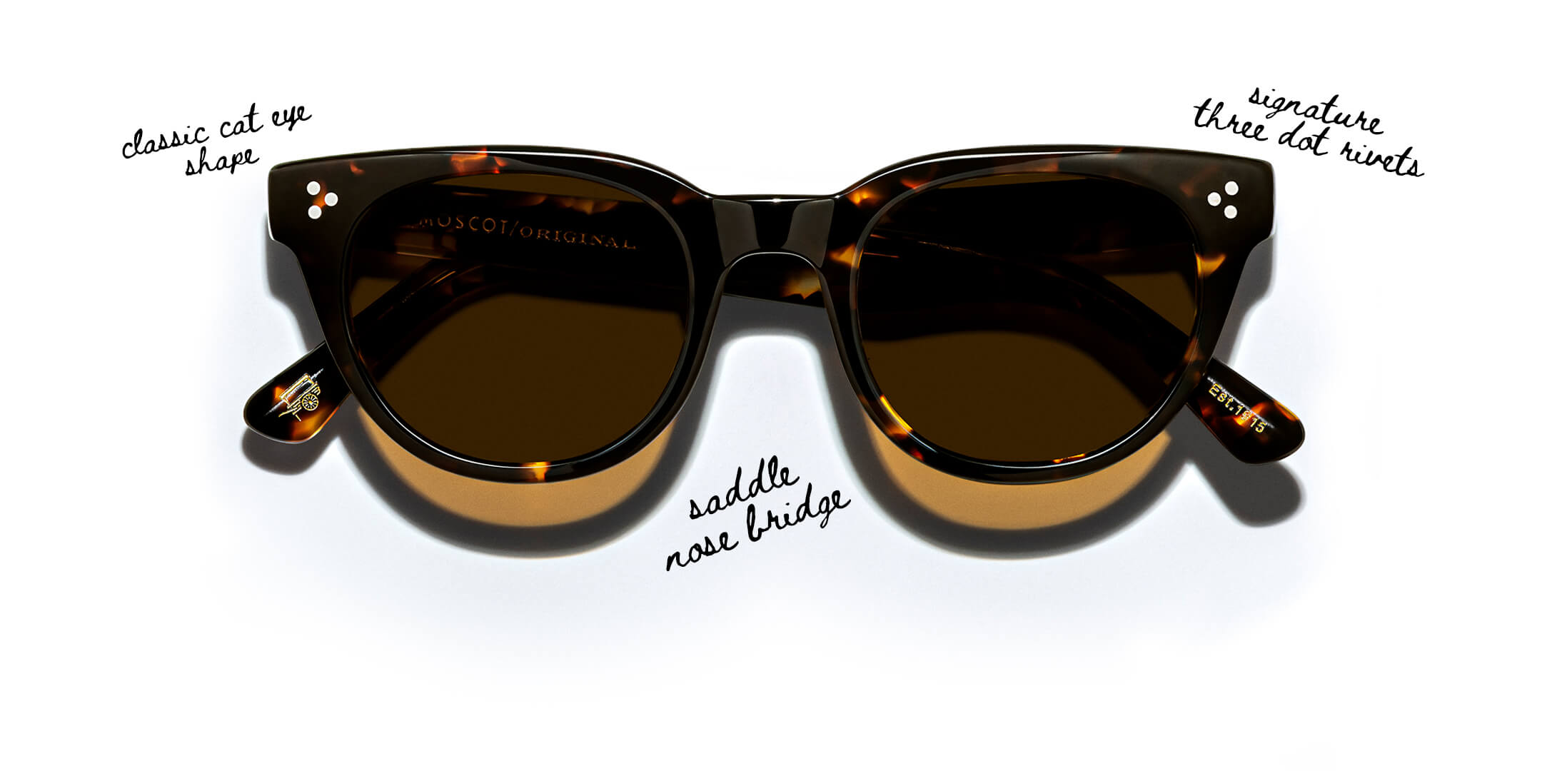 The VILDA: Classic cat eye shape, saddle nose bridge, and signature three dot rivets