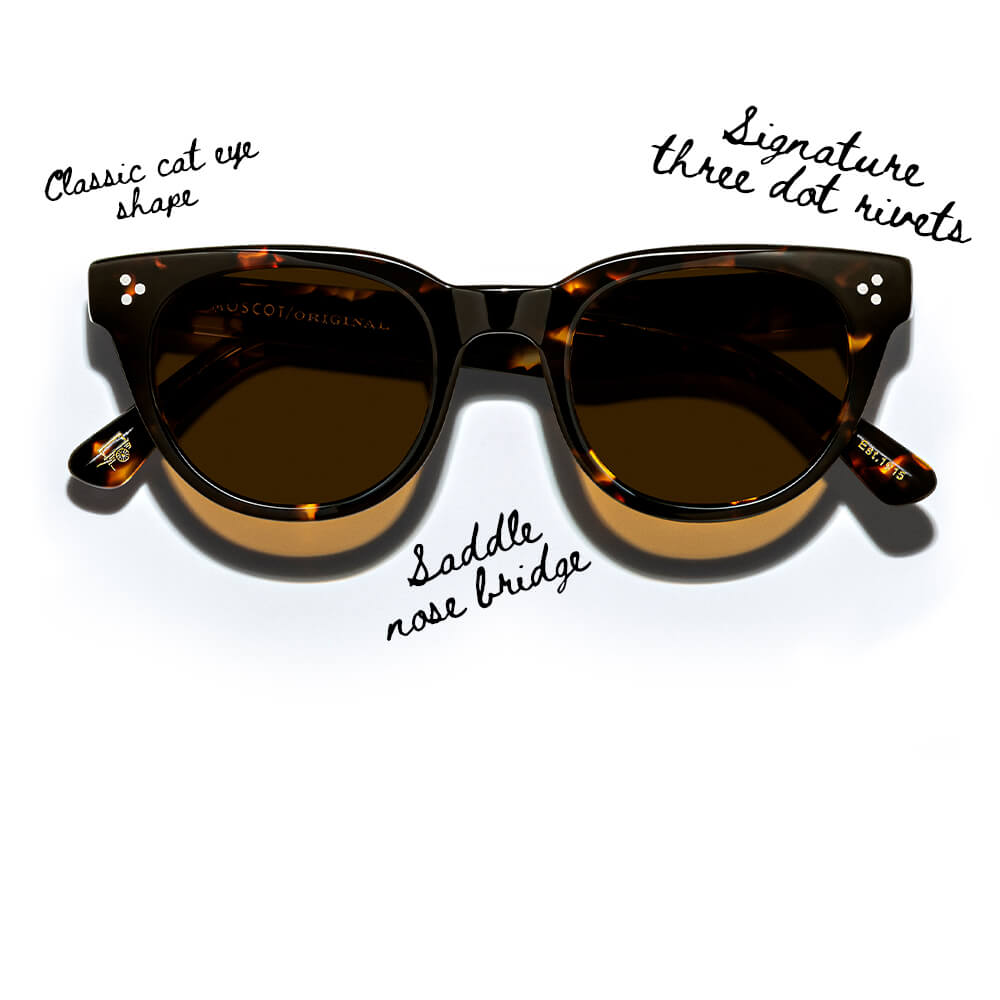 The VILDA: Classic cat eye shape, saddle nose bridge, and signature three dot rivets