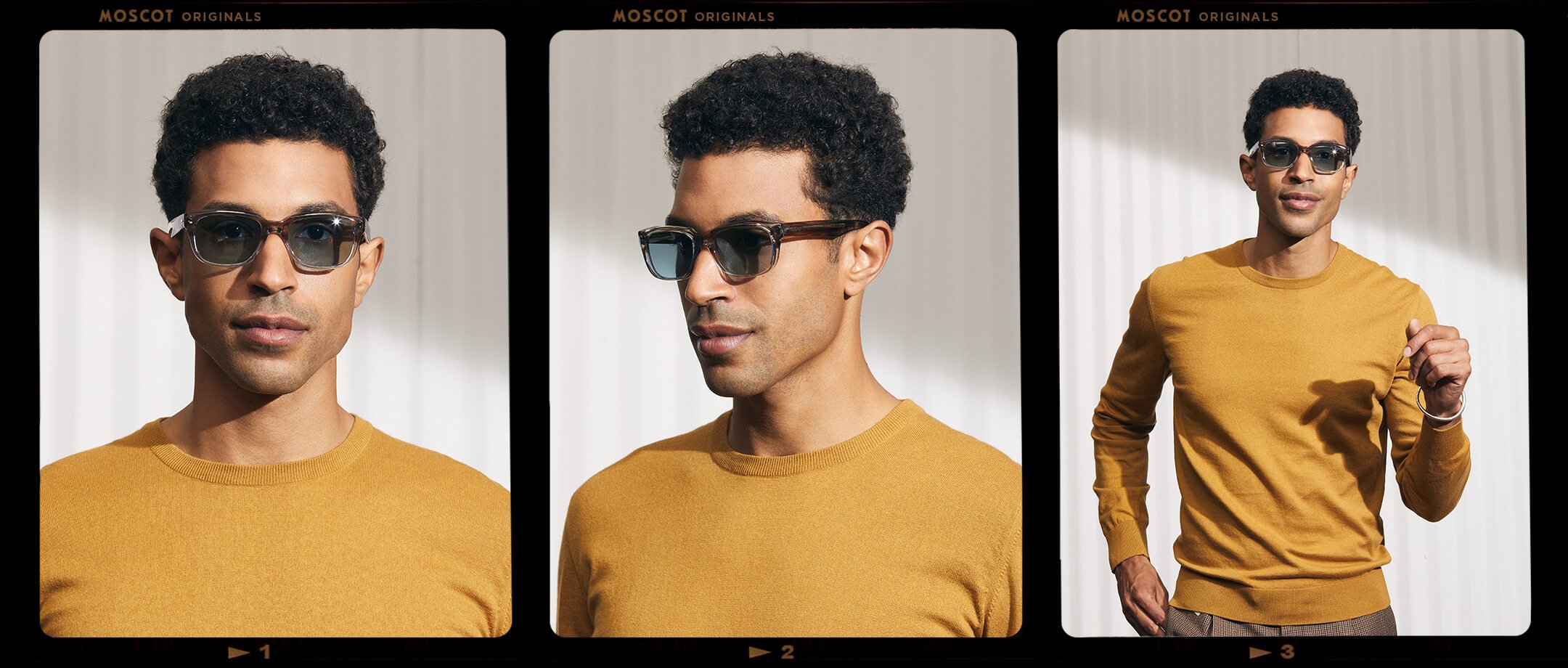 Model is wearing The ZINDIK SUN in Brown Smoke in size 51 with Blue Glass Lenses