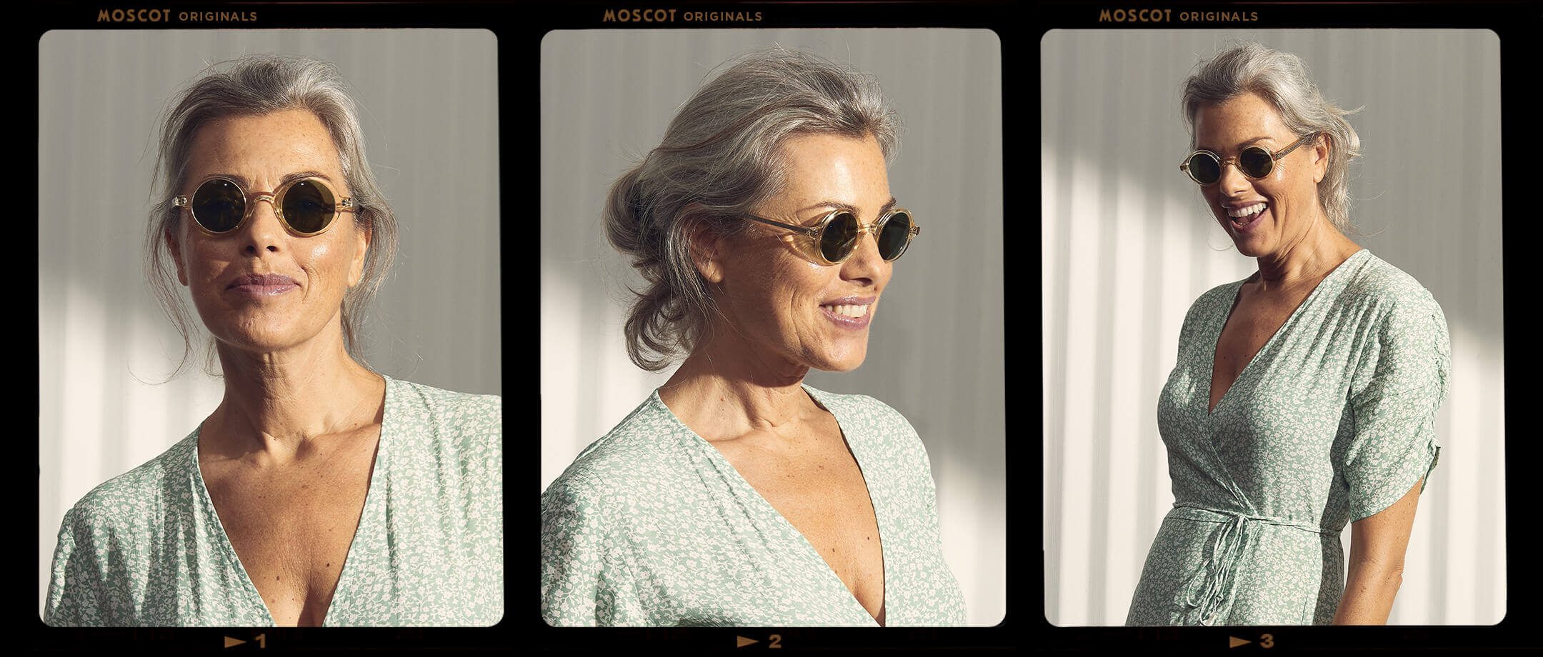 Model is wearing The ZOLMAN SUN in Flesh in size 42 with Calibar Green Glass Lenses