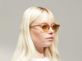 Model is wearing The AYGEN SUN in size 51 in Cinnamon with Chestnut Fade Tinted Lenses