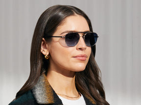 Model is wearing The GAFILTA SUN in Silver/Navy in size 54 with Denim Blue Tinted Lenses