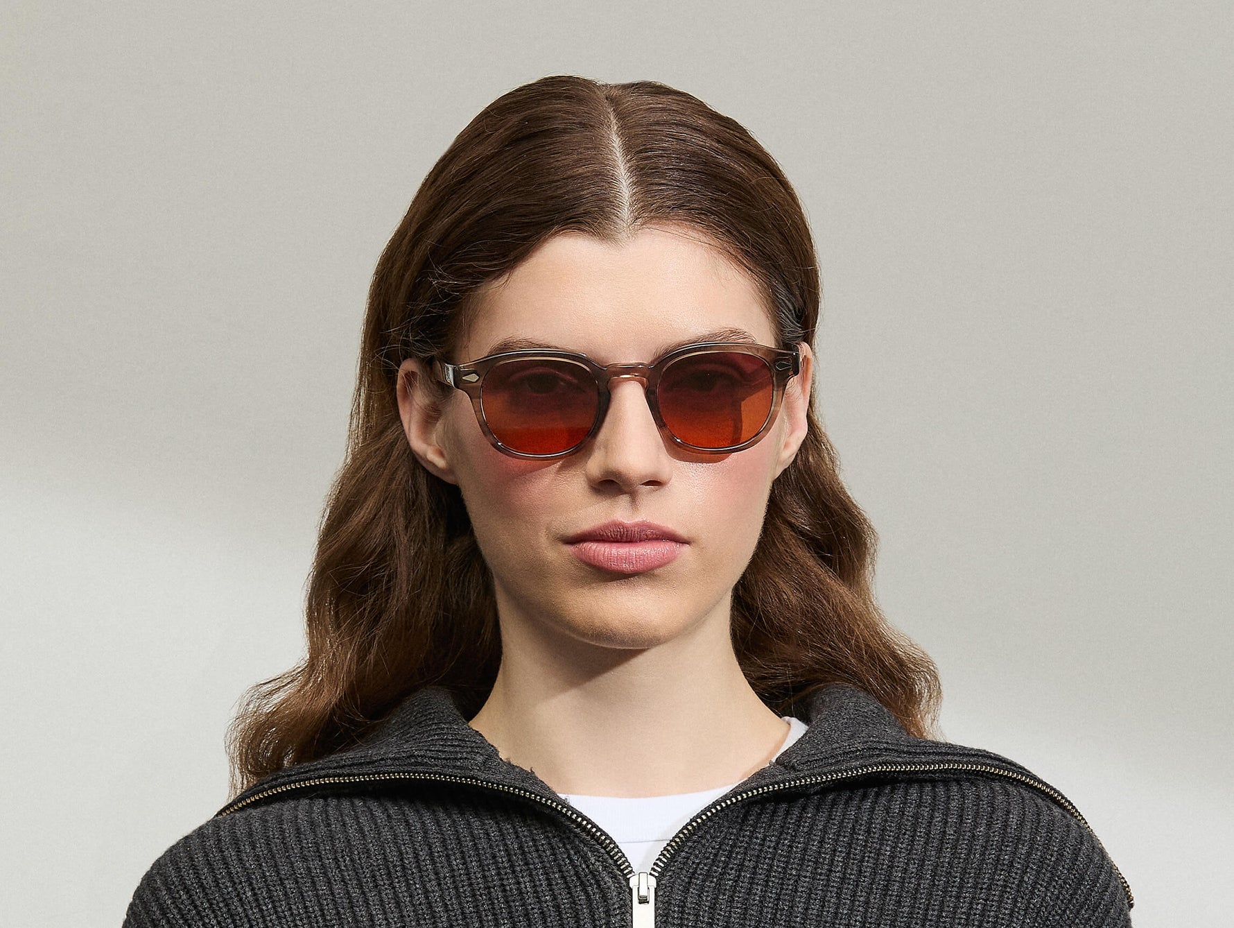 Model is wearing The LEMTOSH Brown Ash in size 49 with Cabernet Tinted Lenses