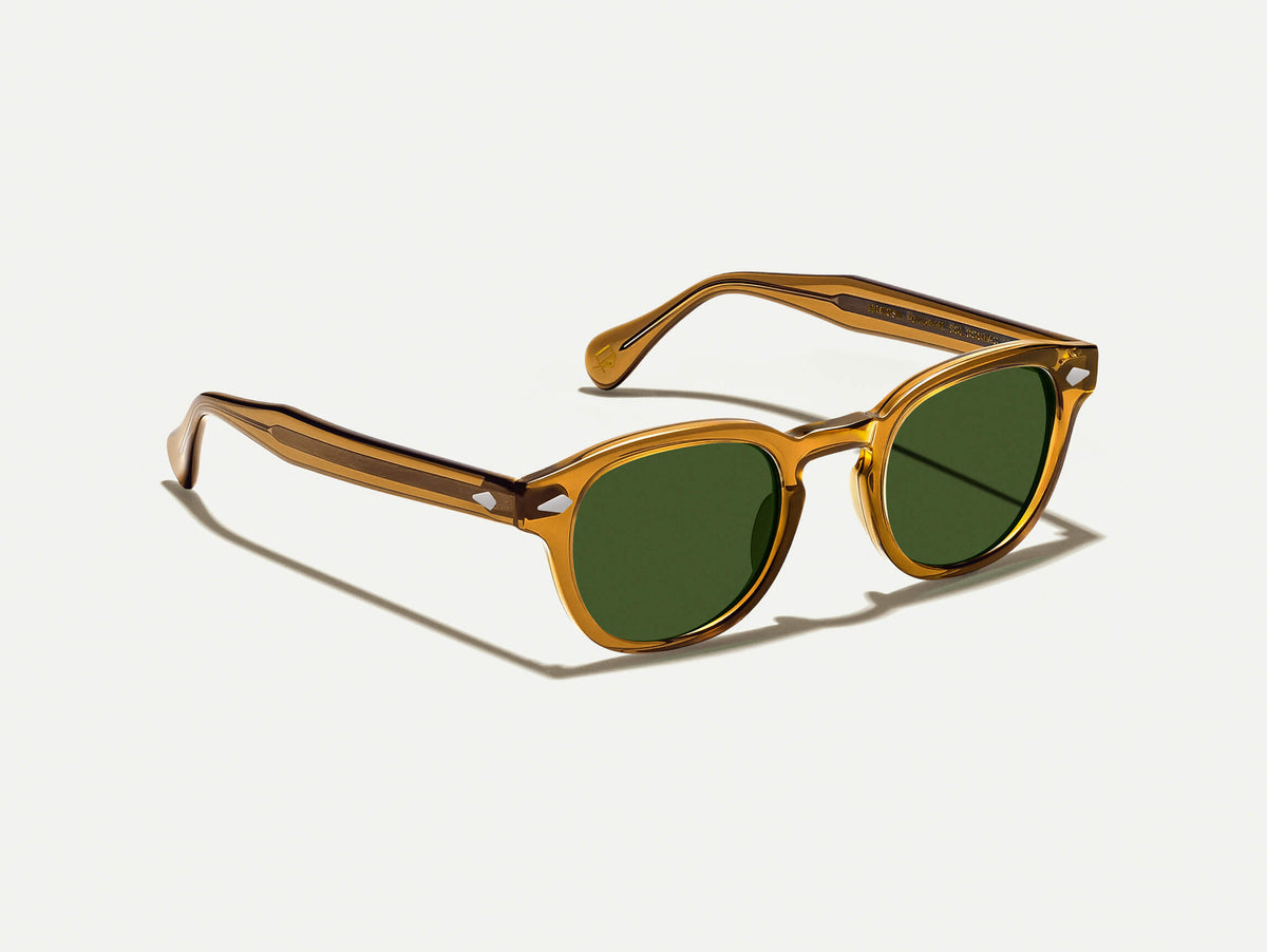 The LEMTOSH SUN in Cognac with Calibar Green Tinted Lenses