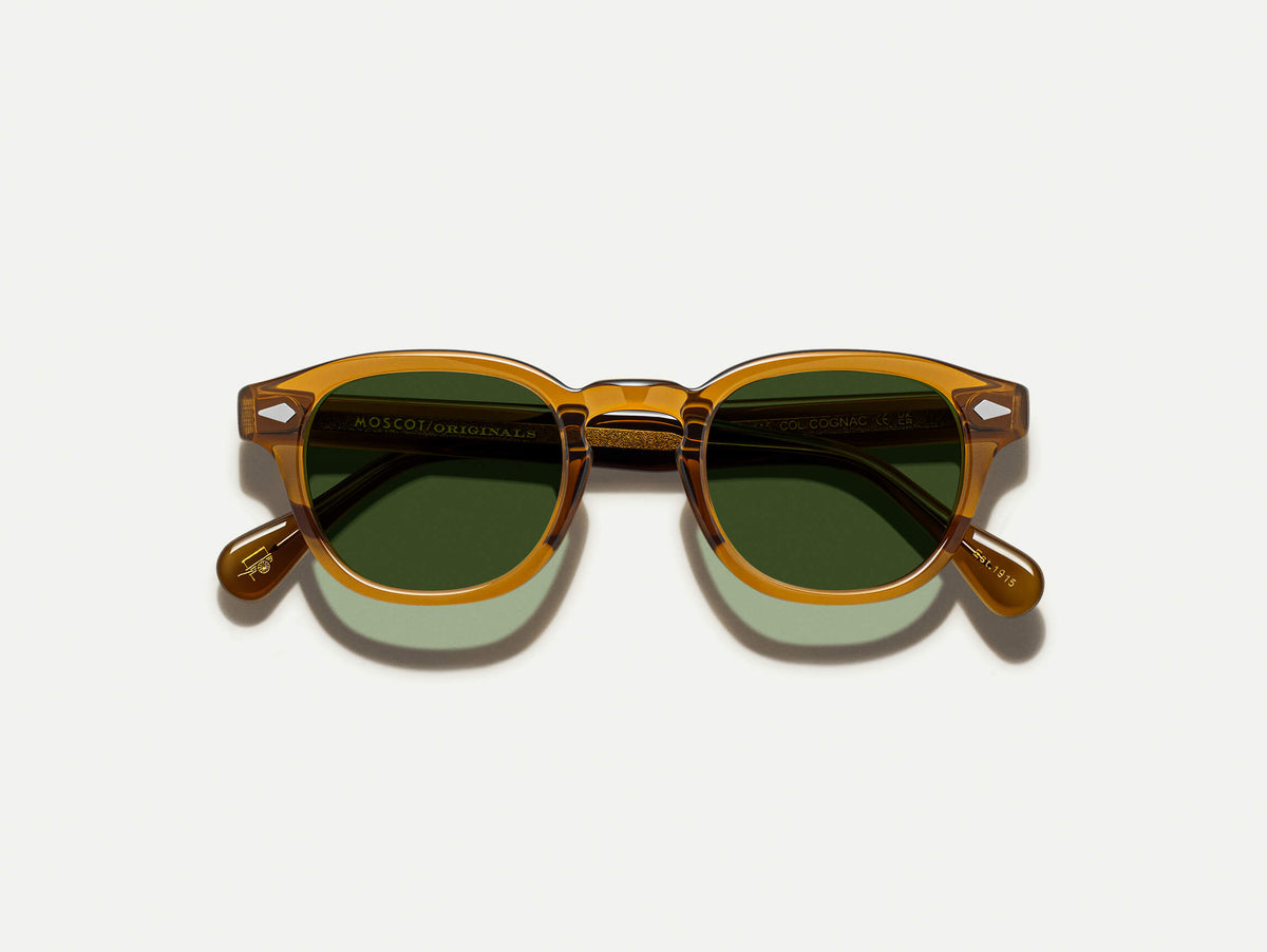 The LEMTOSH SUN in Cognac with Calibar Green Tinted Lenses