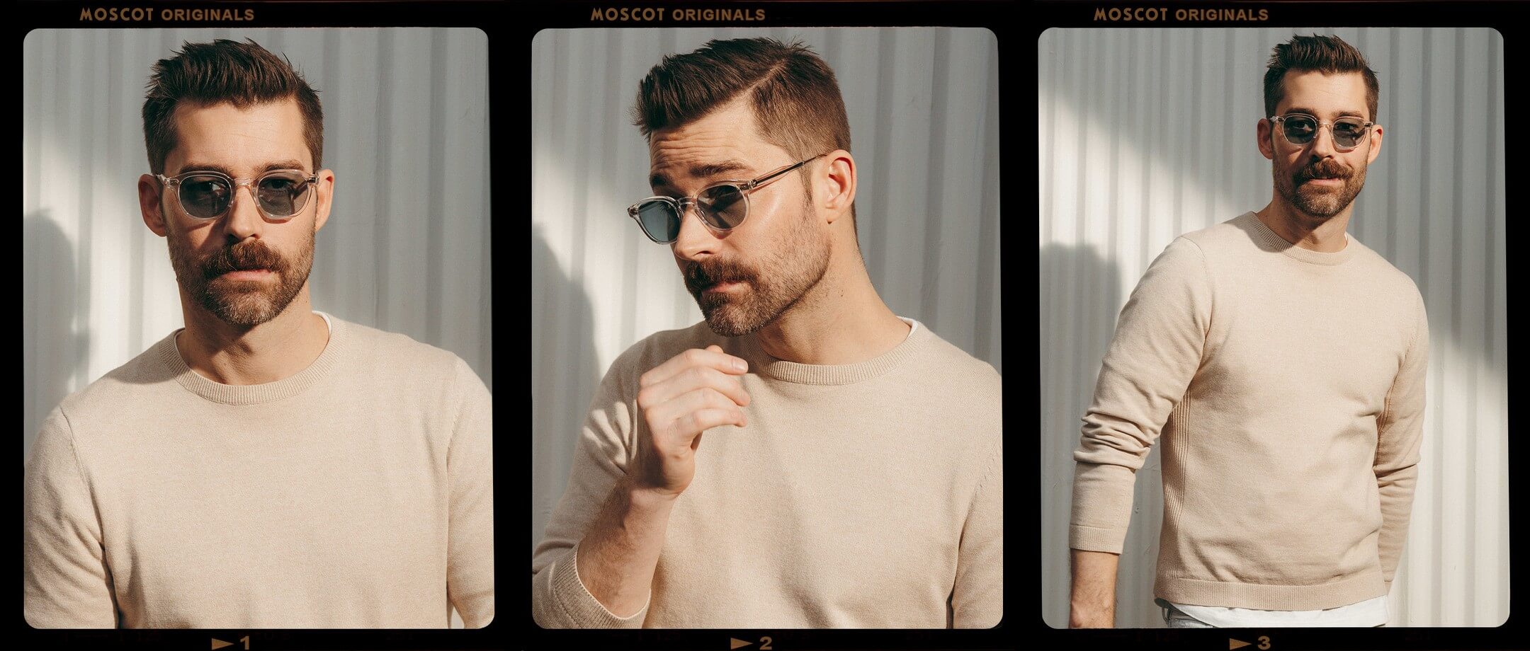 Model is wearing The LEMTOSH-TT SE SUN in size 46 in Crystal/Gold with DG-37 Mineral Blue Glass Lenses