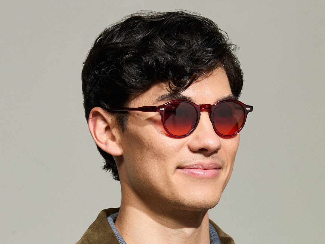 Model is wearing The MILTZEN in Ruby in size 46 with Cabernet Tinted Lenses