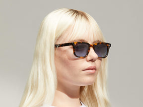 Model is wearing The ZISSEL SUN in size 49 in Classic Havana with Denim Blue Tinted Lenses