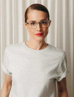 Model is wearing The BOYCHIK in size 49 in Light Grey