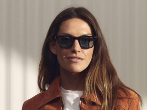 Model is wearing The KAVELL SUN in Tortoise in size 48 with Blue Glass Lenses