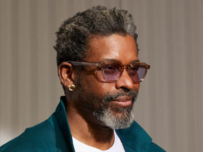 Model is wearing The MOMZA in Cinnamon in size 49 with Lavender Tinted Lenses